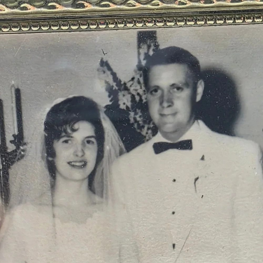 Vintage Miniature Wedding Picture Photo Framed 3x4 Gold Ornate Metal